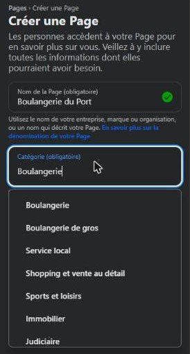 Formulaire Créer une Page de Facebook : le nom de la page est rempli, la liste des catégories proposées est ouverte sous le champ Catégorie.